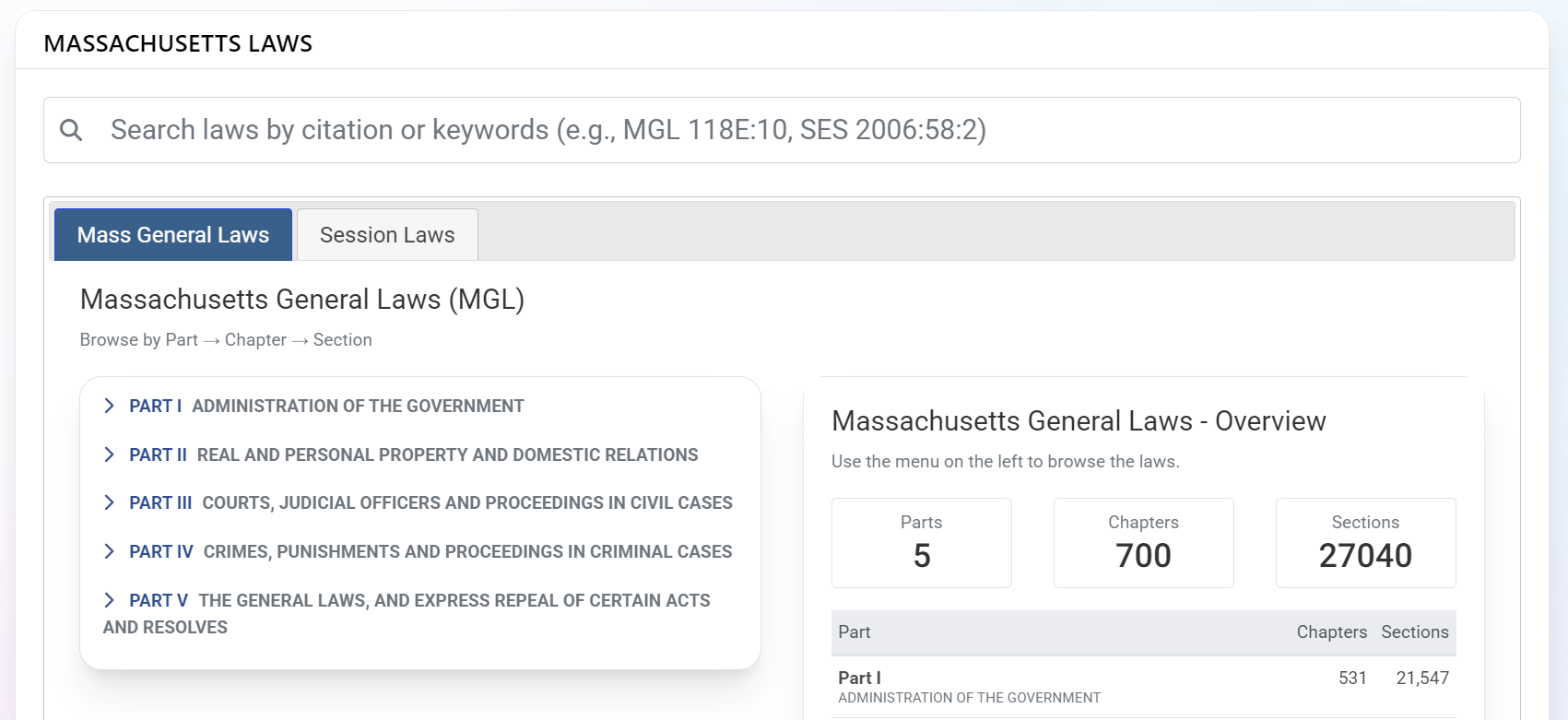 Massachusetts Laws search interface