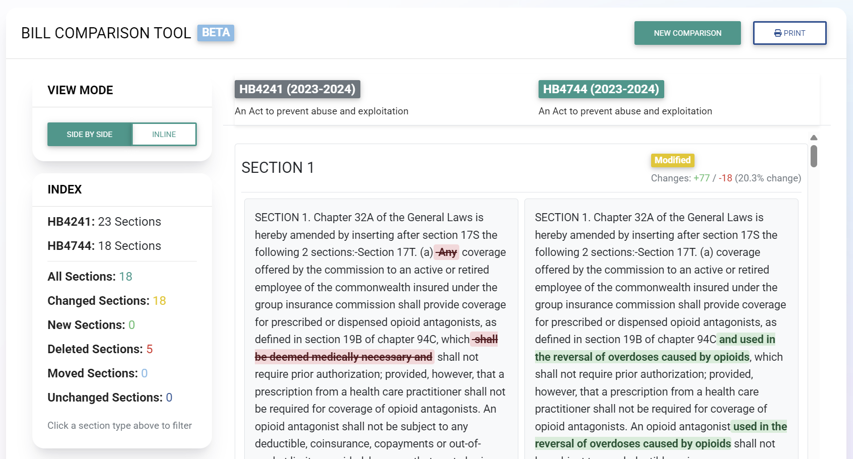 Smart Compare tool showing bill comparison side by side